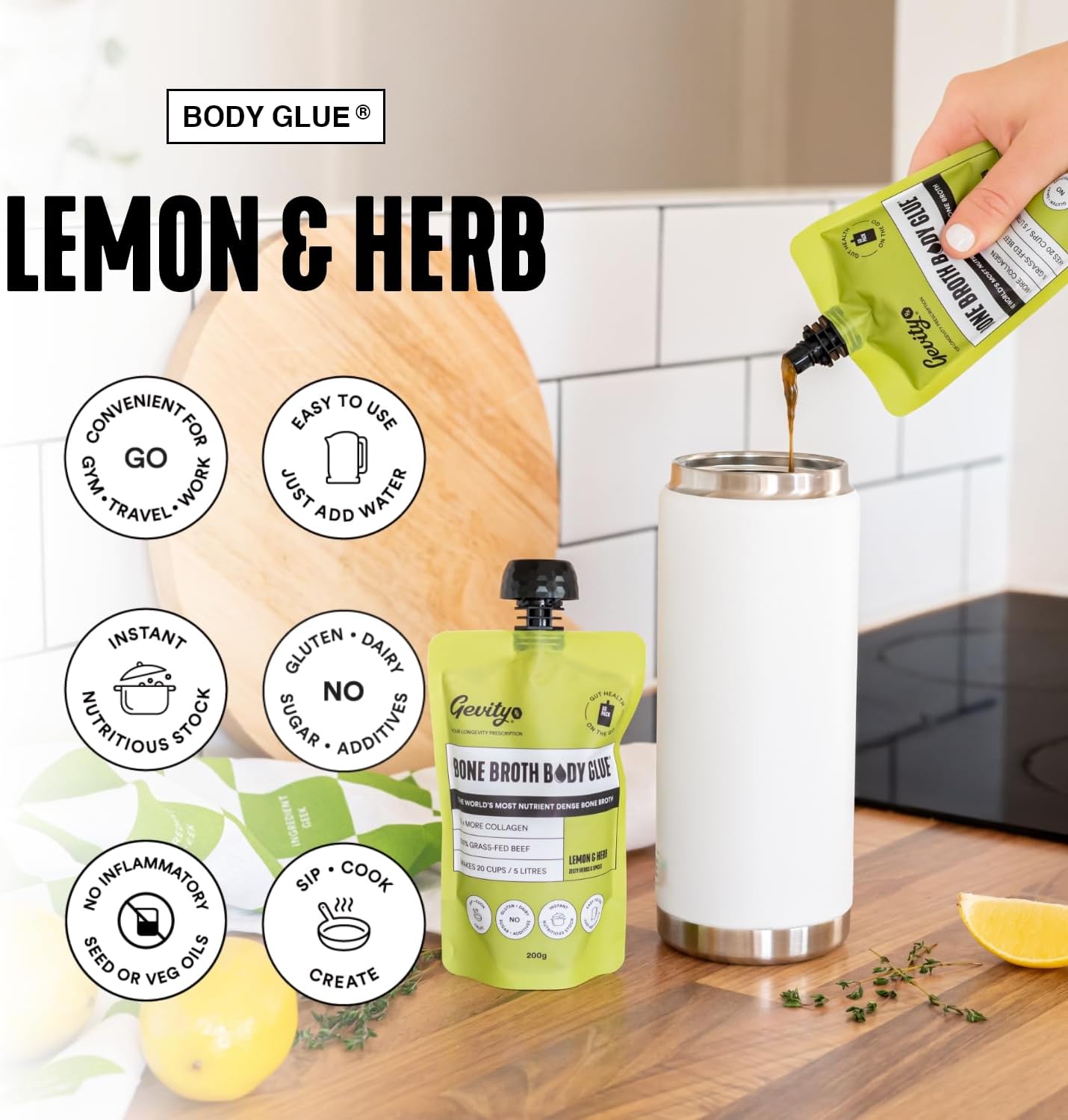 Gevity Rx Bone Broth Body Glue Lemon Go 200g Pouch