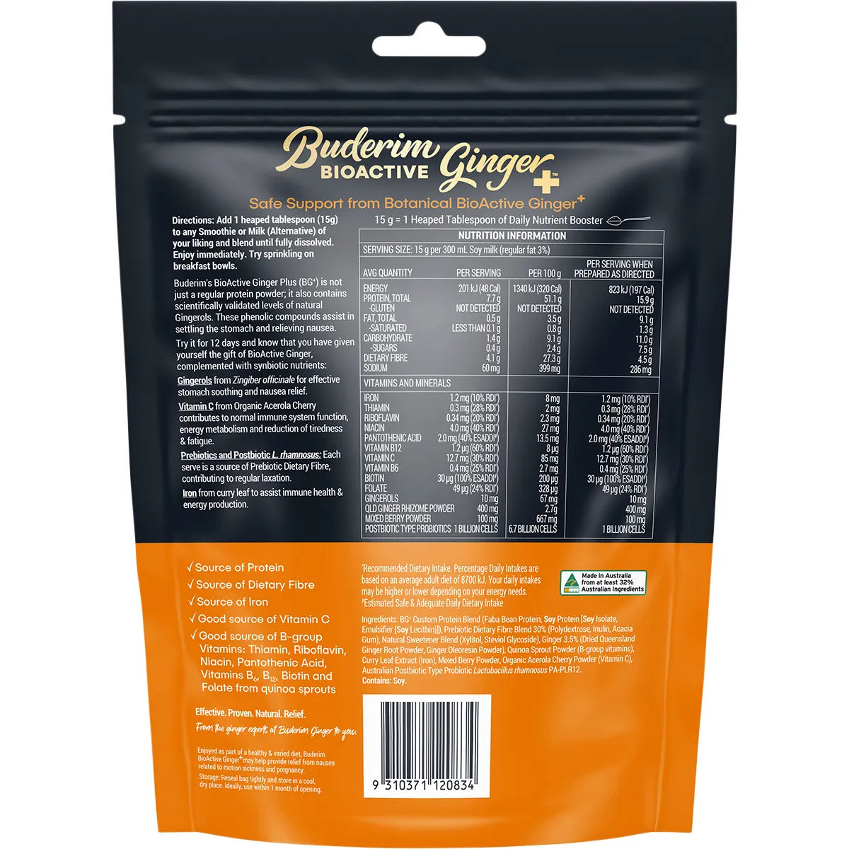 Buderim Ginger Bioactive Daily Nutrient Booster back packaging with nutrition facts and ingredients list.