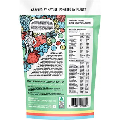 Back packaging of Botanika Blends Beauty Potion Berry Nice Vegan Collagen Boost, featuring ingredients and nutritional info.