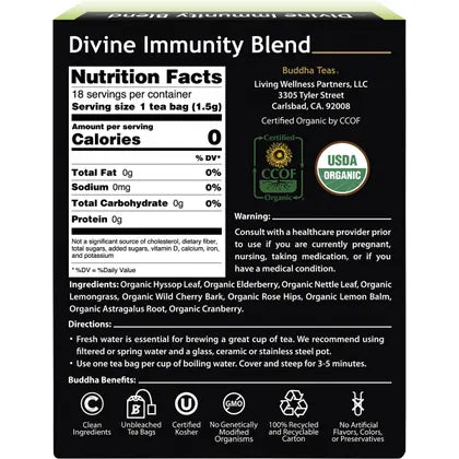 Buddha Teas Organic Herbal Tea Bags Divine Immunity Blend 18 Pack