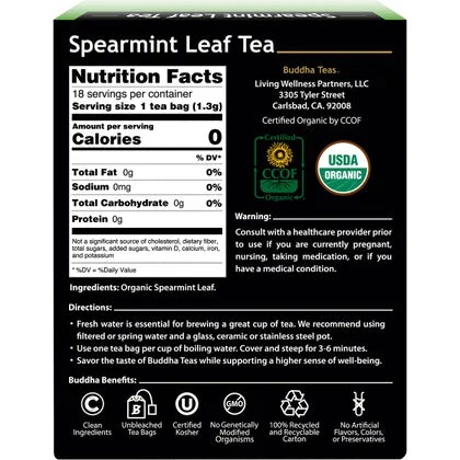 Buddha Teas Organic Herbal Tea Bags Spearmint Leaf Tea 18 Pack