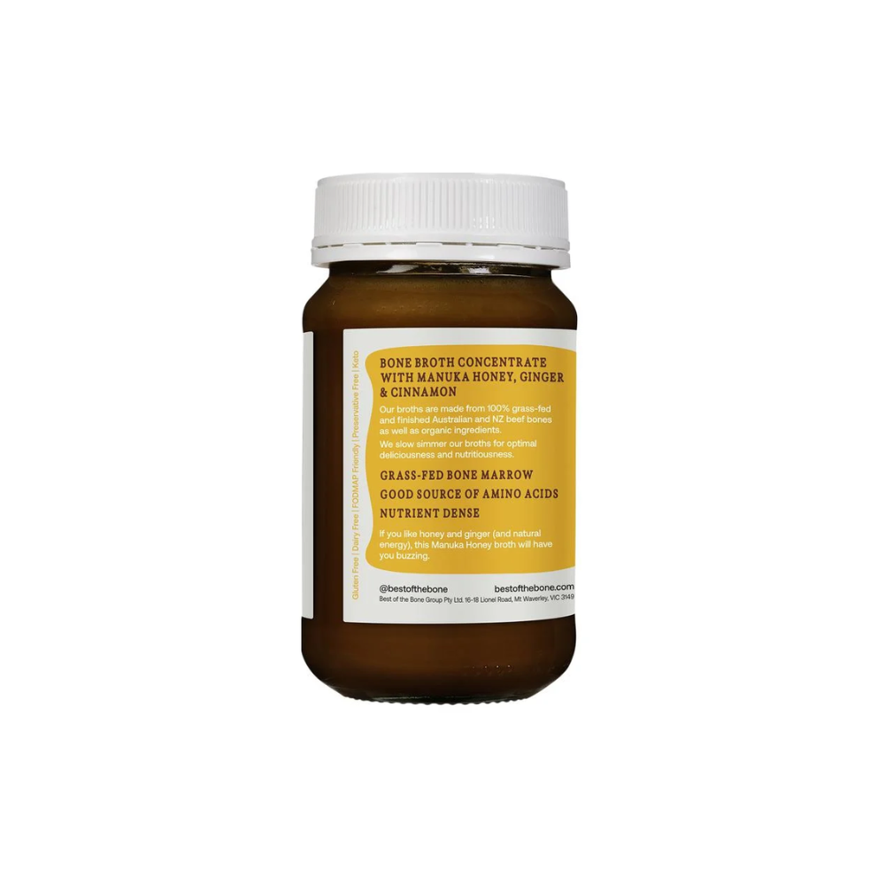 Best of the Bone Beef Broth Concentrate with Manuka Honey, Ginger & Cinnamon 390g in a jar.
