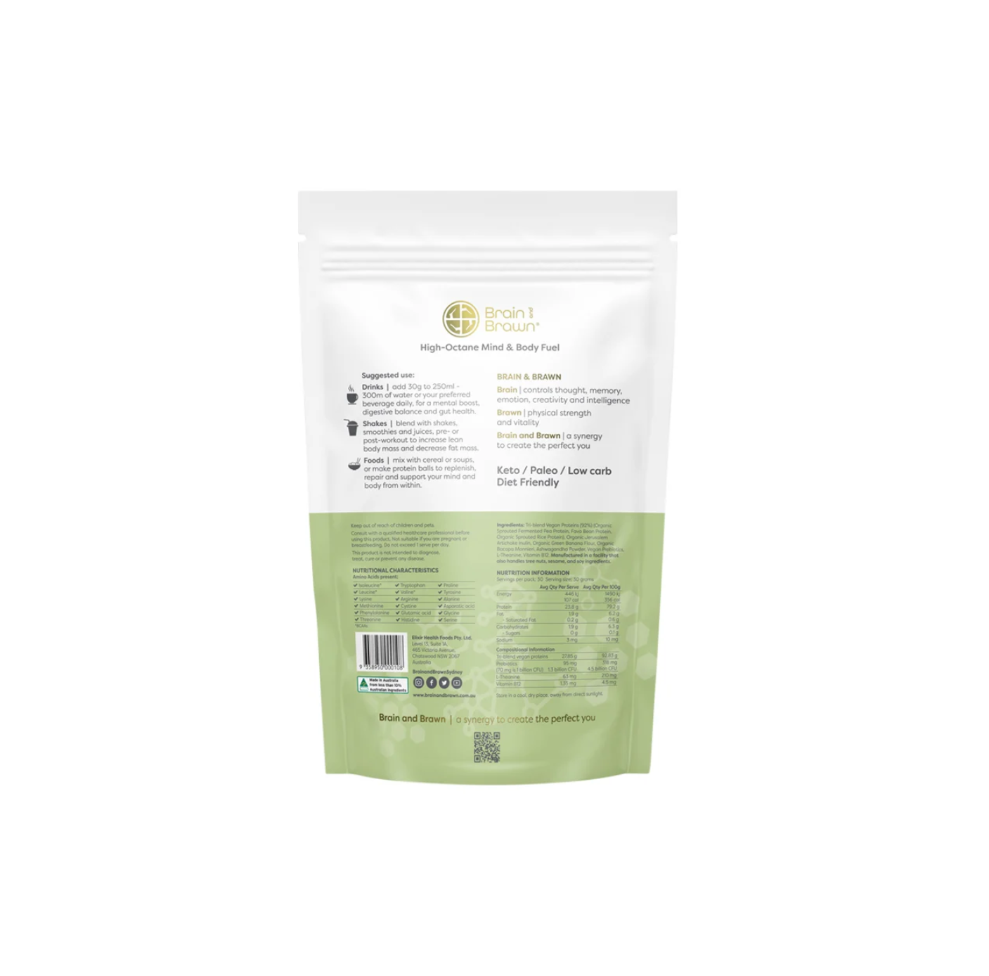 Brain and Brawn Optimal Body Organic Vegan Plant Protein Unflavoured 900g packaging back view with nutritional information.