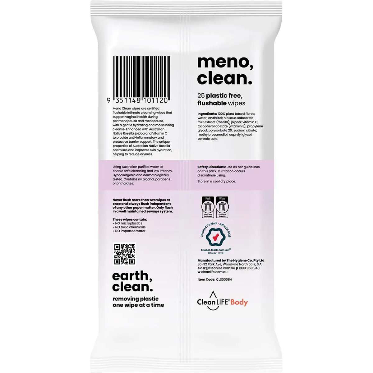 CleanLIFE Meno Clean Wipes Flushable Plastic Free Wipes 25 Pack