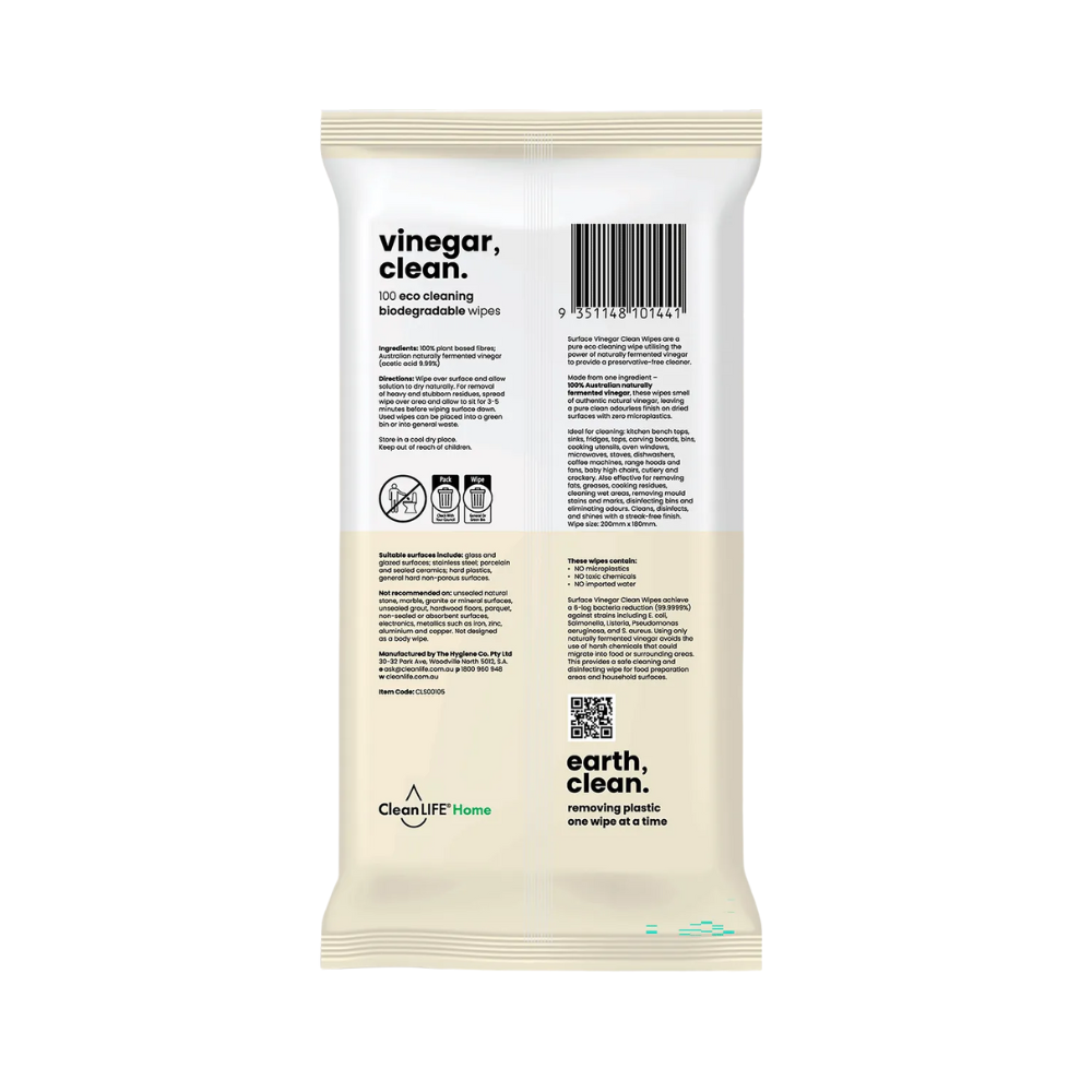 Cleanlife Vinegar Clean Floor Plastic Free Wipes 40pk