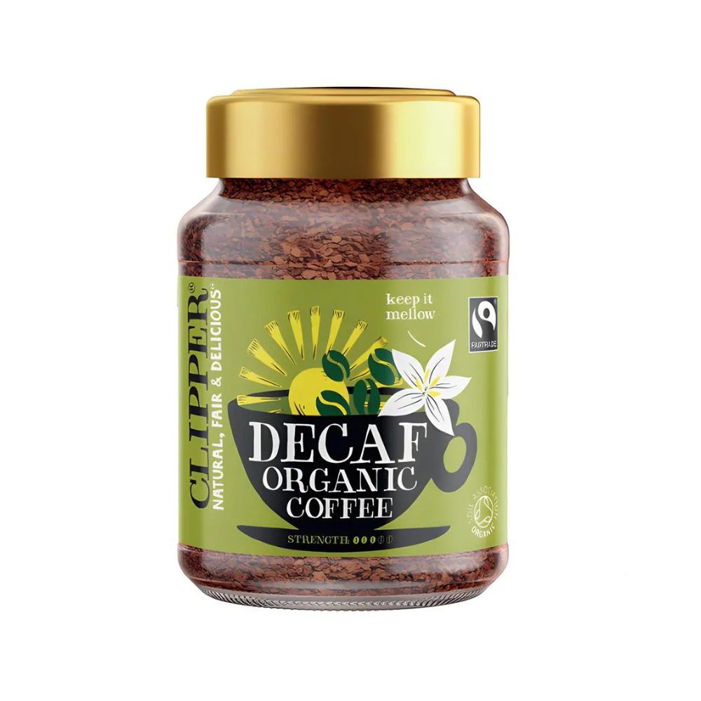 Clipper Organic Instant Coffee Decaf 100g jar with natural flavor and Fairtrade logo.
