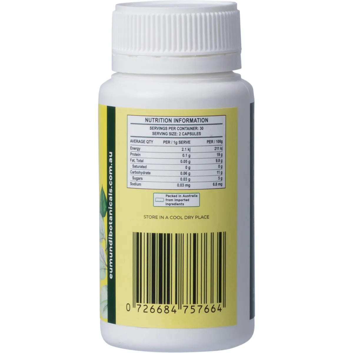 Eumundi Botanicals Nattokinase supplement bottle showing nutrition information and serving details on the label.