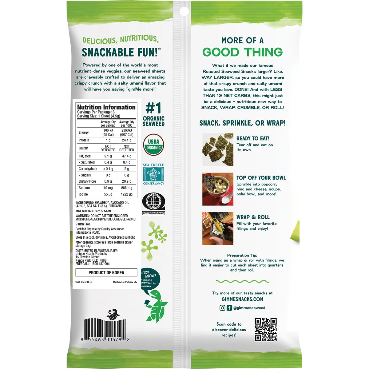 Back packaging of Gimme Roasted Seaweed showcasing nutrition facts and snack ideas for versatile use.
