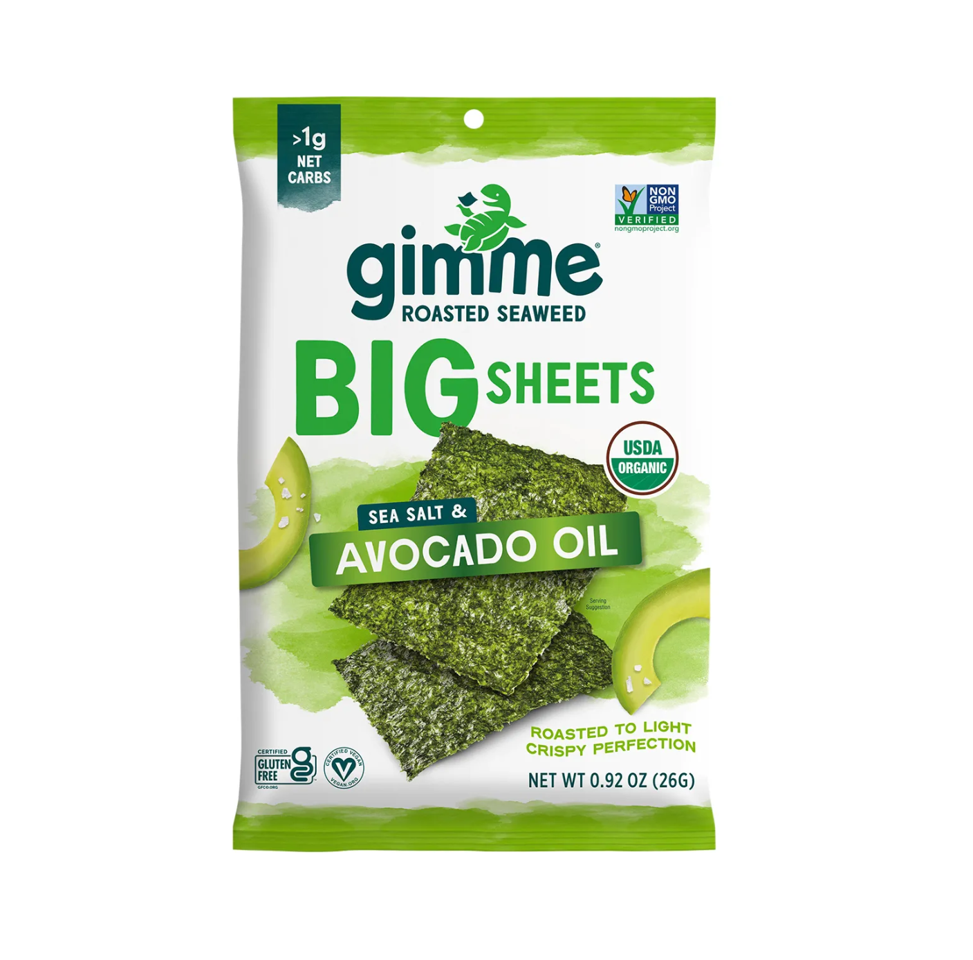 Gimme Roasted Seaweed Big Sheets with Sea Salt and Avocado Oil, 26g, organic crispy snack packaging.