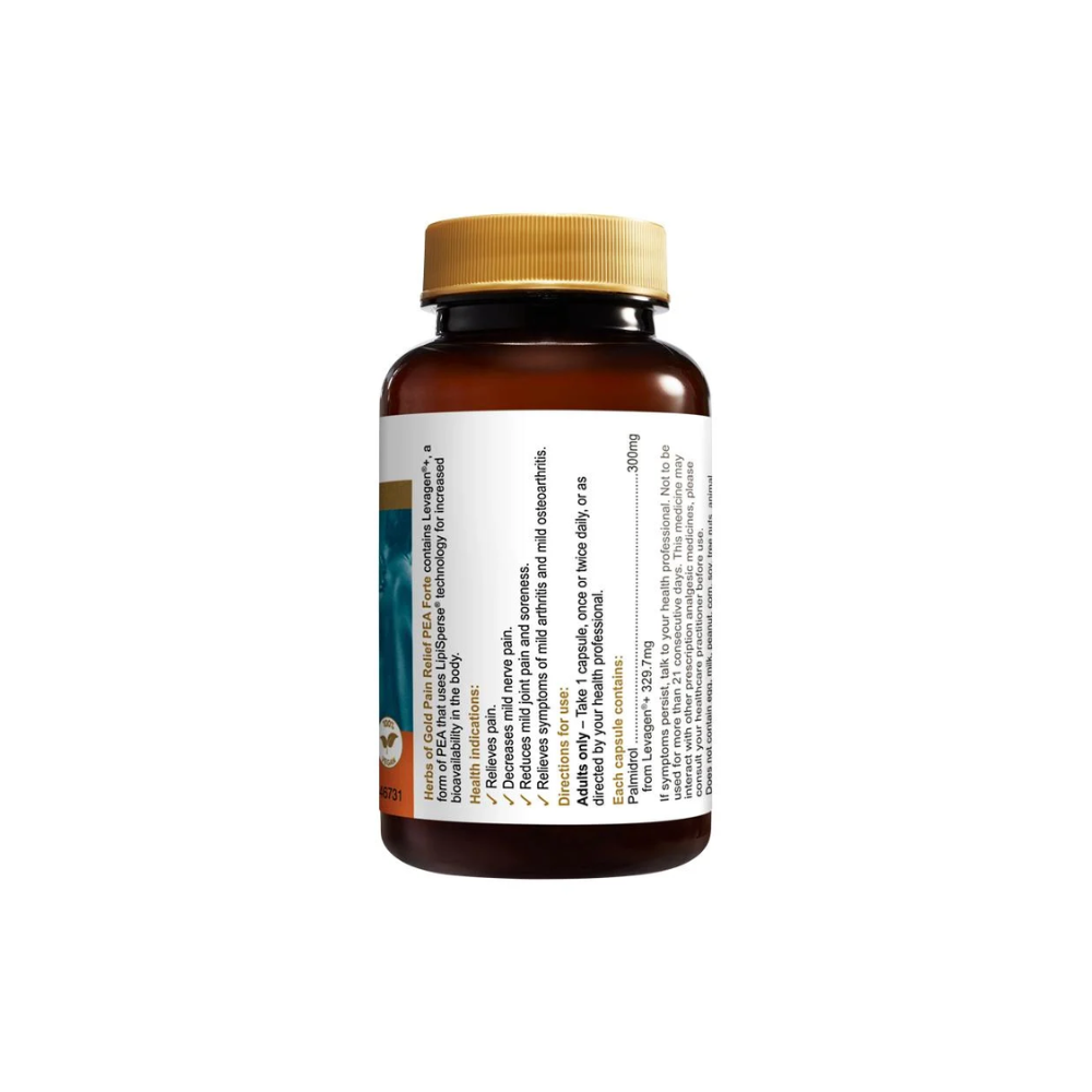 Herbs of Gold Pain Relief PEA Forte 42 Capsules bottle showing label details and golden cap.