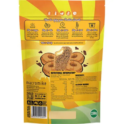 Macro Mike Protein Donut Baking Mix Golden Gaytime Choc Chip 250g packaging with nutritional information and baking instructions.