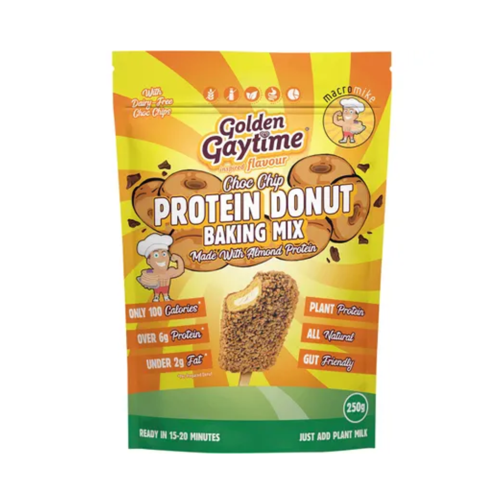 Macro Mike Protein Donut Baking Mix in Golden Gaytime Choc Chip flavor, 250g packaging with nutritional highlights.
