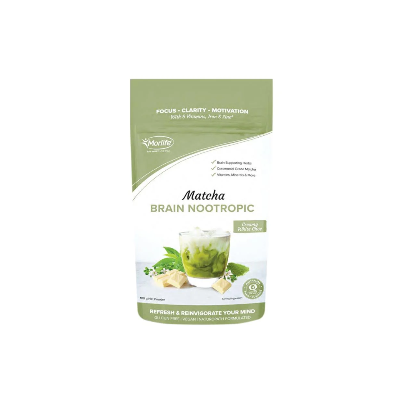 Morlife Matcha Brain Nootropic Creamy White Chocolate 100g packaging, promoting focus, clarity, and motivation.