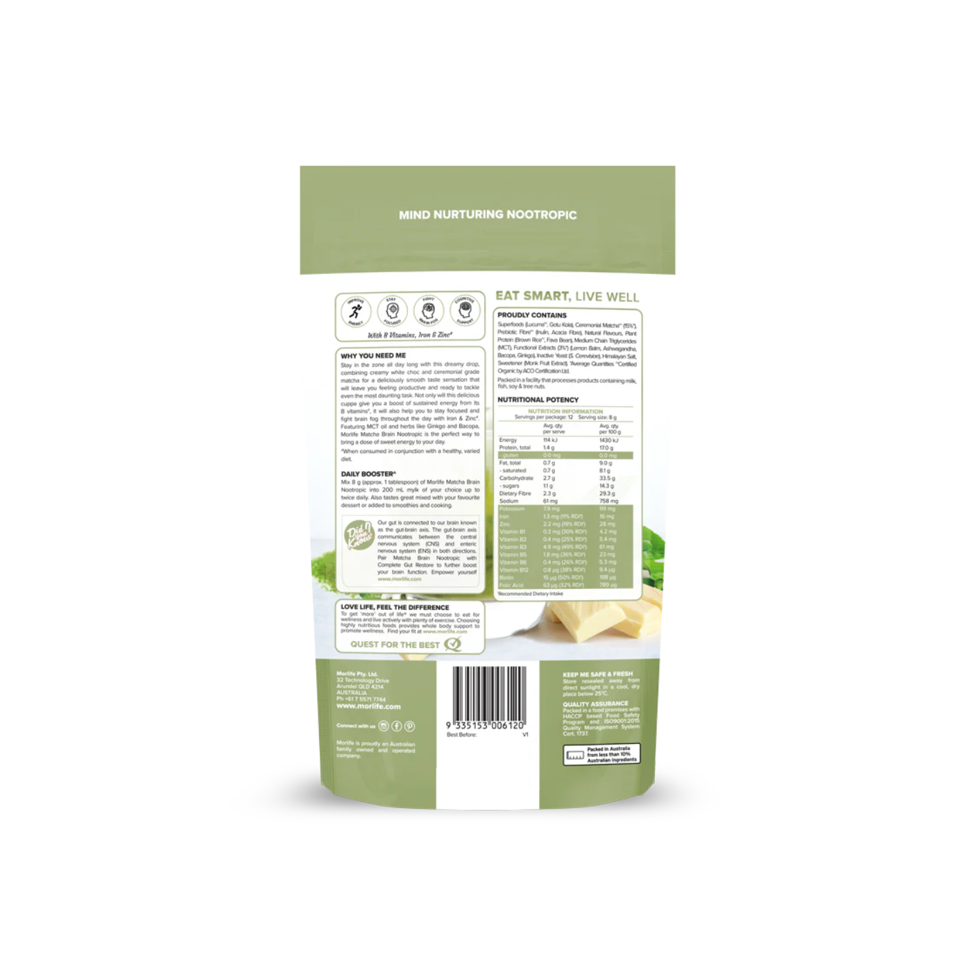 Back packaging of Morlife Matcha Brain Nootropic Creamy White Chocolate 100g, showcasing nutritional info and product details.