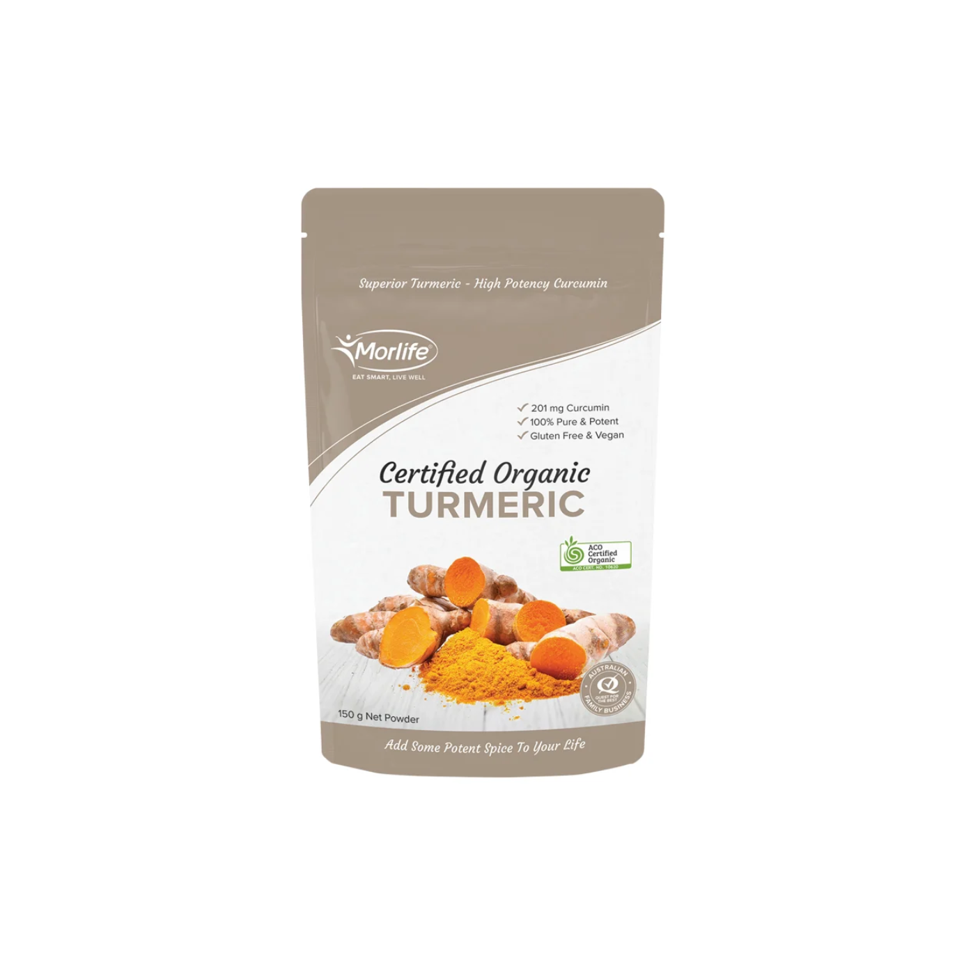 Morlife Organic Turmeric 150g packaging featuring vibrant turmeric root, ideal for cooking and smoothies.