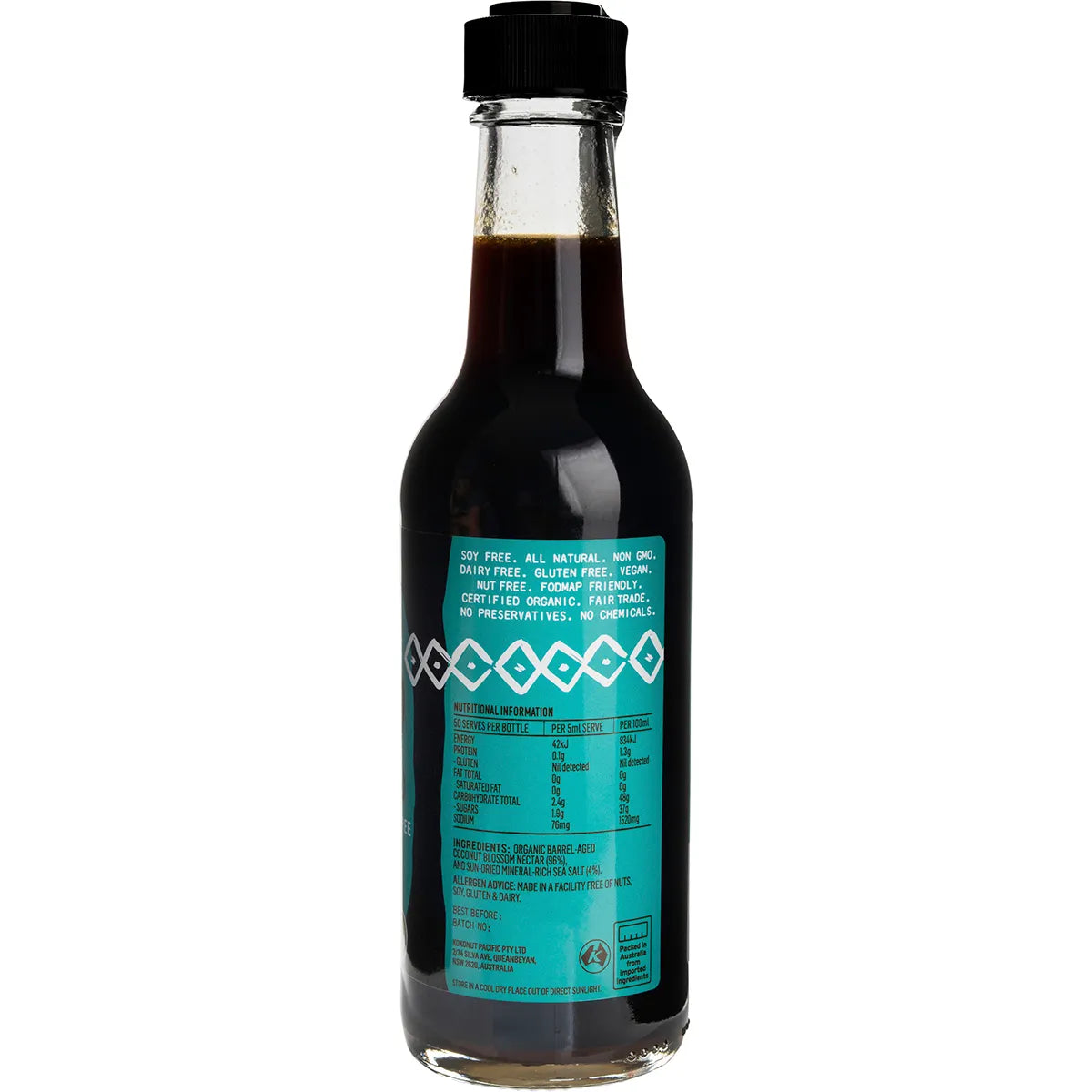 Niulife Organic Coconut Amino Sauce Naked 250ml bottle showcasing clean, natural ingredients and nutritional information.