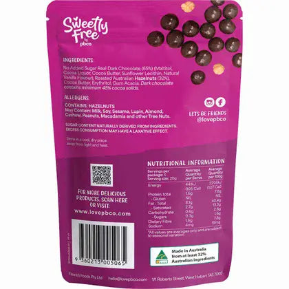 PBCo Sweetly Free Hazelnuts Dark Chocolate No Sugar Added 100g