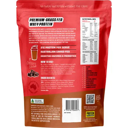 Protein Supplies Australia Whey Protein Chocolate 500g back packaging showing nutritional info and ingredients.