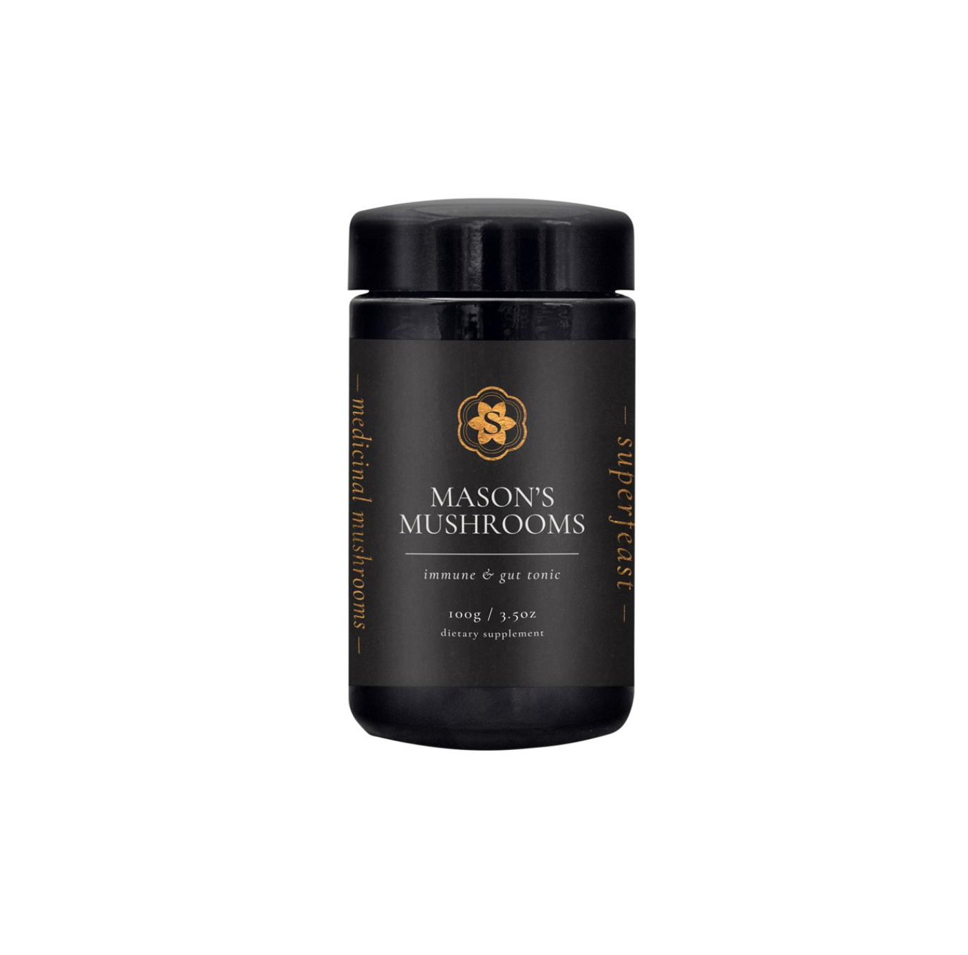 Superfeast Masons Mushrooms 100g bottle for immune support and gut health, featuring premium medicinal mushroom blend.