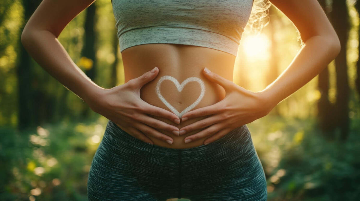 Woman holding her stomach with a heart symbol, representing digestive health and wellness in a natural setting.