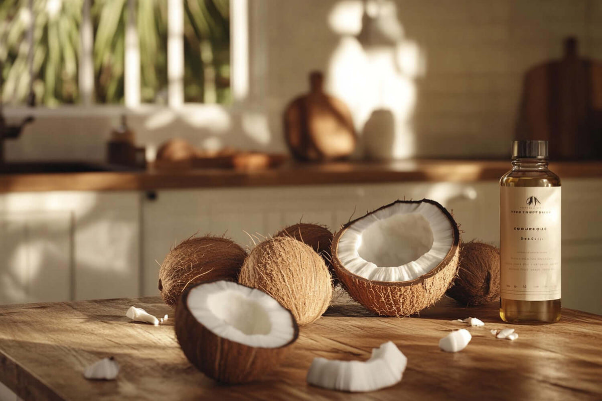 Coconuts and MCT oil bottle on a wooden kitchen table, highlighting natural health benefits.