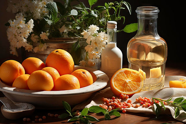 Fresh oranges and glass bottle on wooden table with herbs and beans, highlighting vitamin C for iron absorption article image