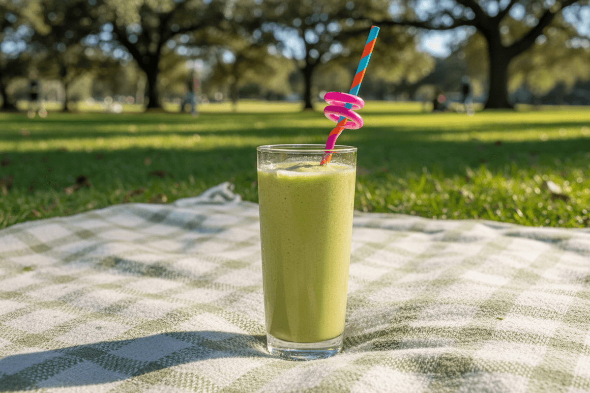 A glass of green smoothie with a colorful spiral straw, sitting on a picnic blanket in a sunny park.