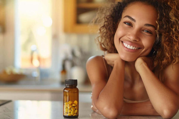 Smiling woman in kitchen with magnesium supplement bottle on countertop, promoting health and wellness. article image