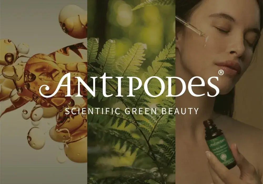 Antipodes skincare logo with botanical elements, showcasing scientific green beauty from New Zealand.