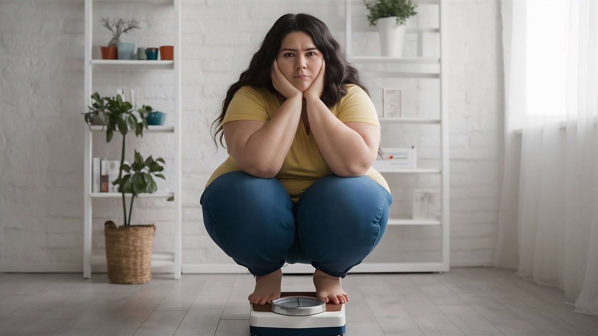 A woman in casual clothes squats on a bathroom scale with a serious expression, surrounded by indoor plants and white shelving in a bright room.