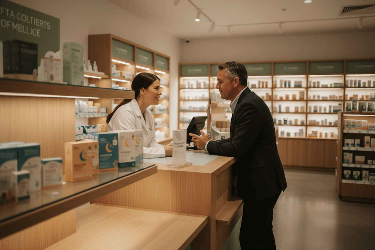Pharmacist discussing melatonin and sleep aid options with a customer in an Australian pharmacy.
