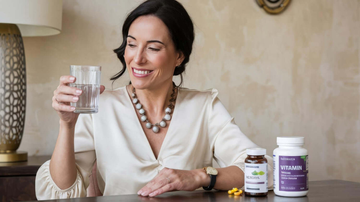 Woman taking supplements with a glass of water, promoting health for hormones and menopause.