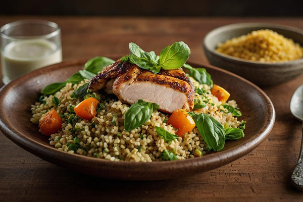 Grilled chicken served on a bed of cooked freekeh with fresh basil and cherry tomatoes, healthy wholegrain meal. article image