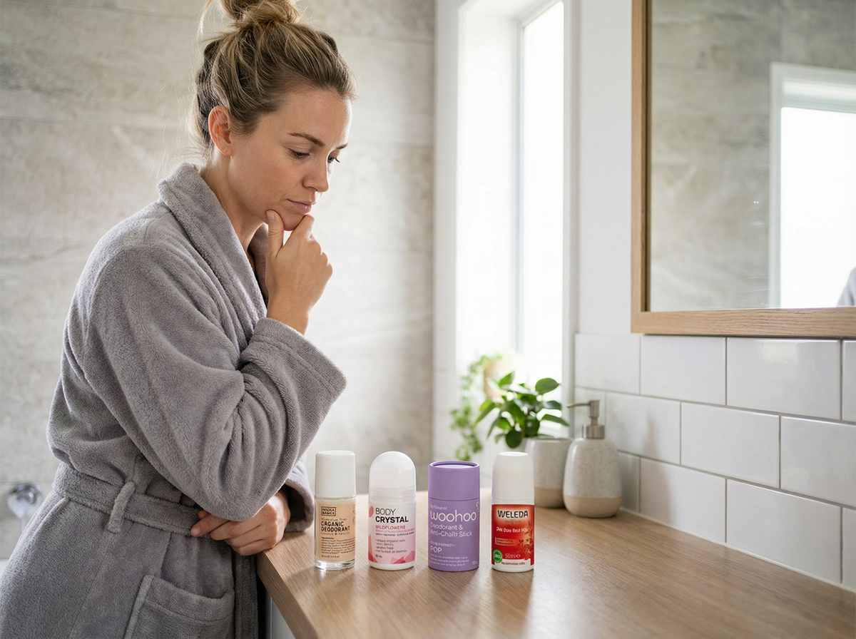 A woman in a grey robe considering a selection of natural deodorants, including Noosa Basics, Body Crystal, Woohoo, and Weleda, on a wooden bathroom vanity.