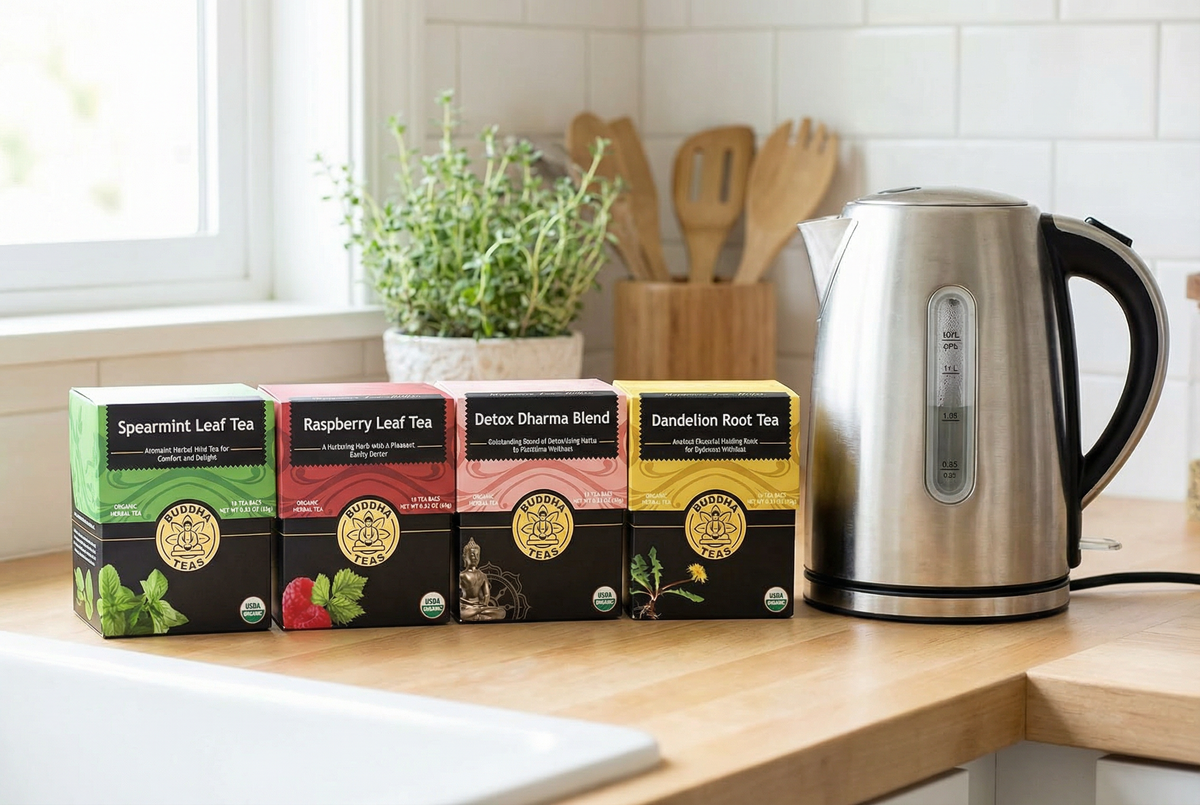 Four boxes of Buddha Teas organic herbal tea—Spearmint Leaf, Raspberry Leaf, Detox Dharma Blend, and Dandelion Root—lined up on a wooden kitchen counter next to a stainless steel electric kettle.