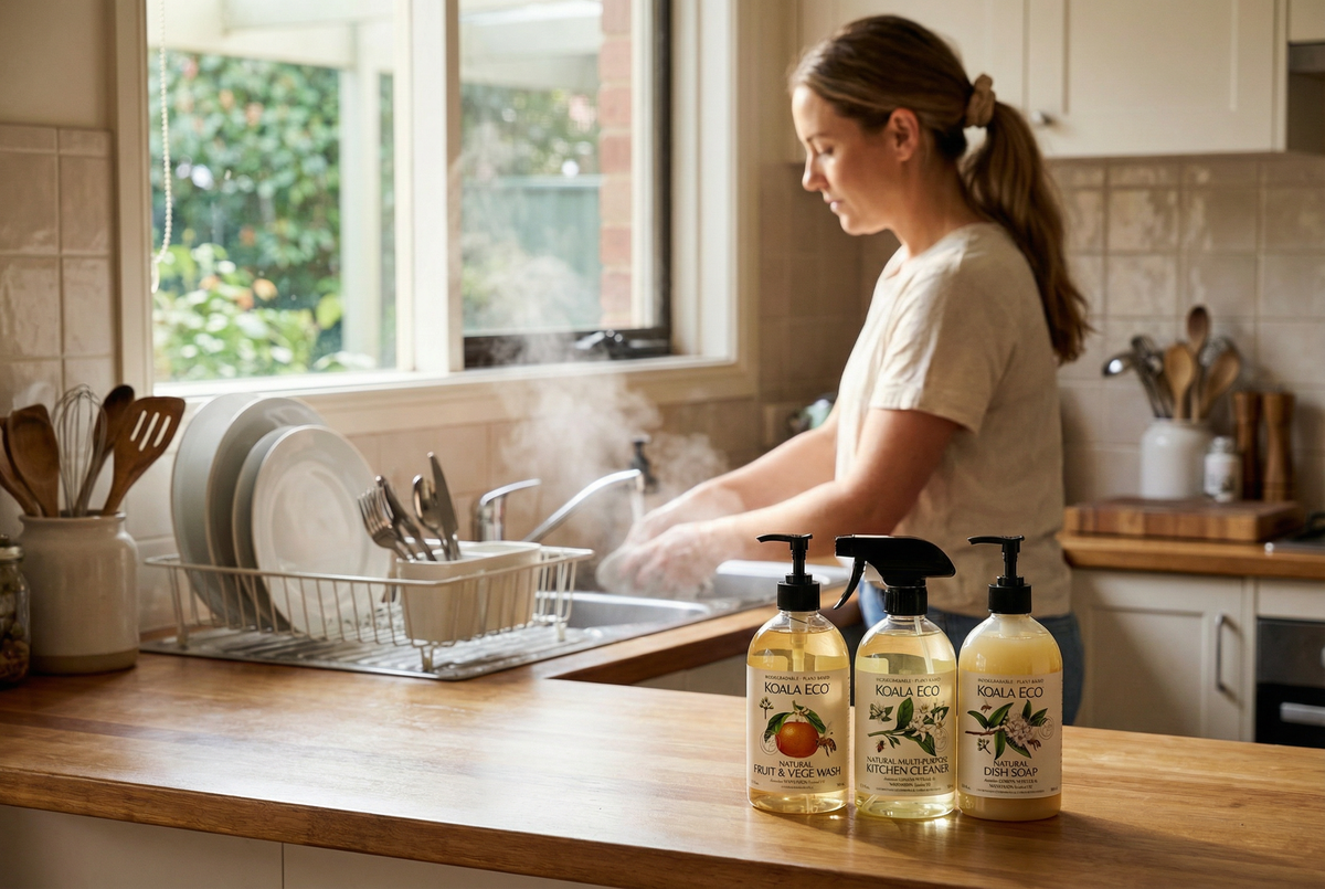 Woman washing dishes in a bright Australian kitchen with Koala Eco cleaning products displayed on the countertop, including the Fruit & Veg Wash, Kitchen Cleaner and Dish Soap.