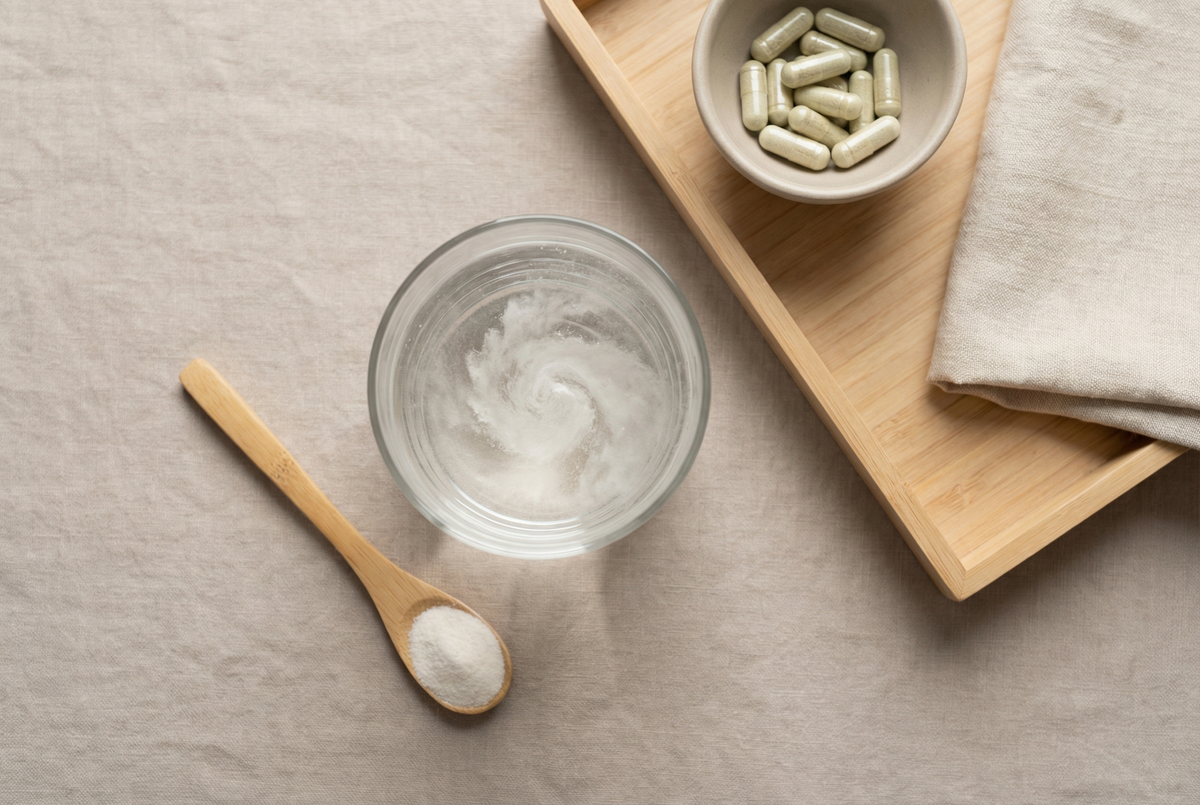 Soluble PHGG fibre powder dissolving in a glass of water, representing gentle digestive support and gut health benefits.
