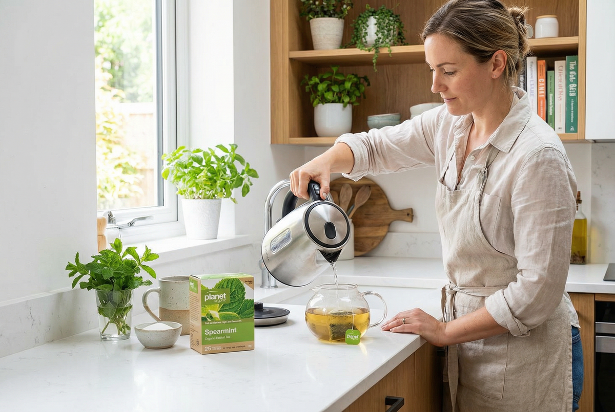 A woman wearing a linen apron pouring hot water from a silver electric kettle into a glass teapot, standing at a white kitchen counter next to a box of Planet Organic Spearmint herbal tea.
