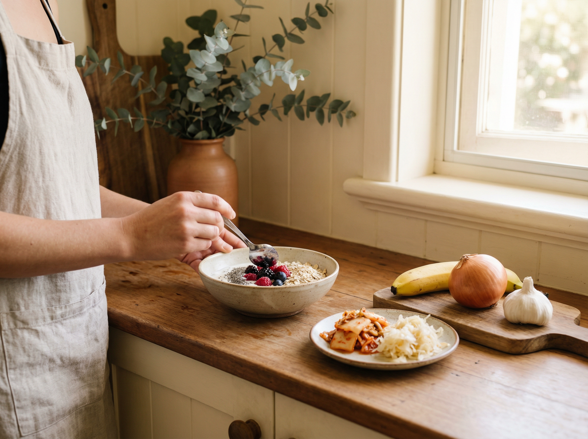 Hands preparing a yoghurt bowl with oats and berries beside fermented vegetables and fruit on a kitchen bench.