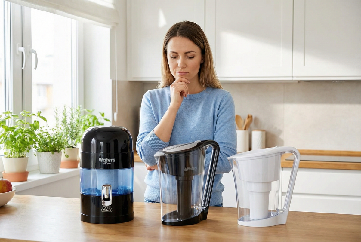 Woman comparing three water filter jugs on a kitchen bench, including Water Co and Brita-style pitchers.