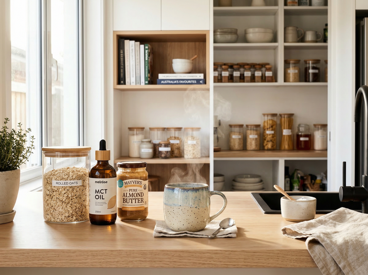 Eco Traders guide to functional foods featuring healthy pantry staples like oats, nuts, and MCT oil