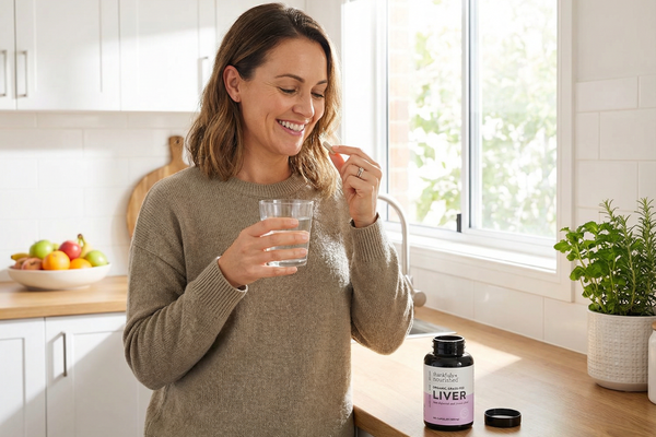 Woman taking a supplement capsule with water in a bright kitchen, with a liver supplement bottle on the counter article image