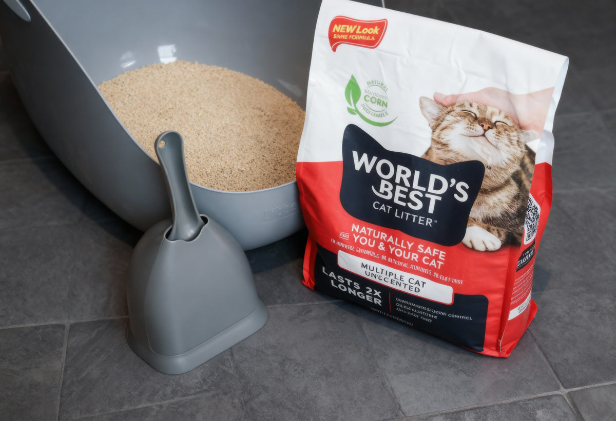 Bag of World’s Best Cat Litter next to a filled litter tray and scoop on a tiled floor.