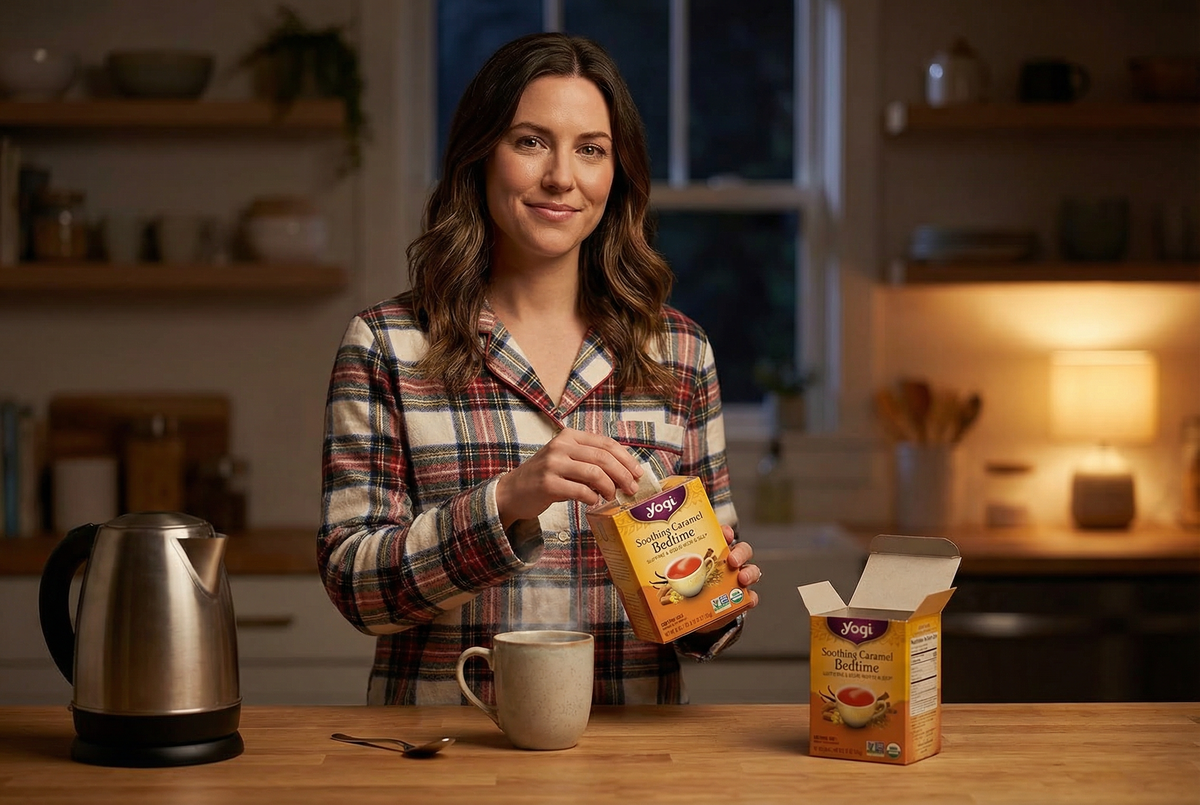 A woman wearing plaid pajamas stands in a dimly lit kitchen preparing a hot drink, placing a tea bag into a mug next to a box of Yogi Soothing Caramel Bedtime tea.