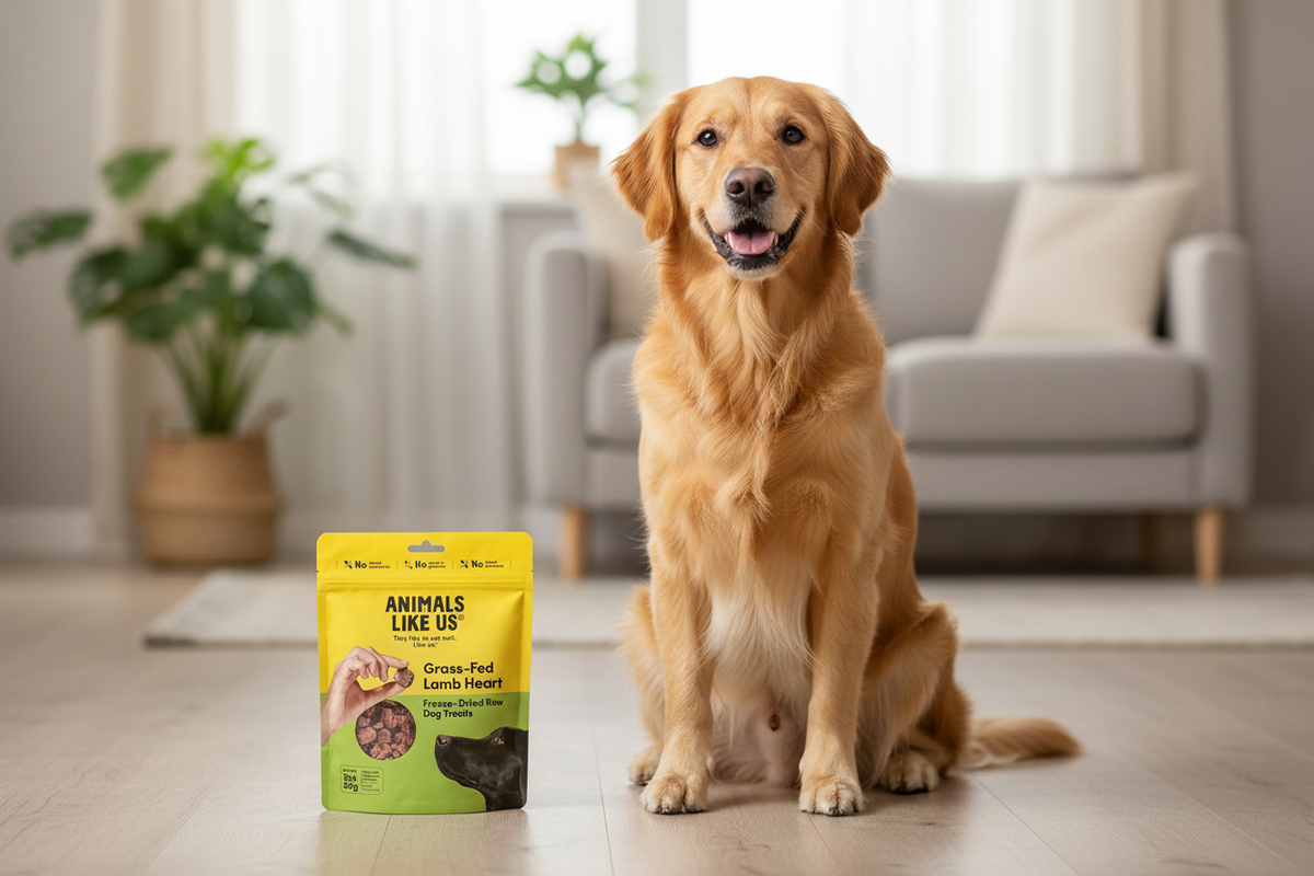 Golden retriever sitting indoors beside a packet of Animals Like Us Grass-Fed Lamb Heart freeze-dried dog treats.