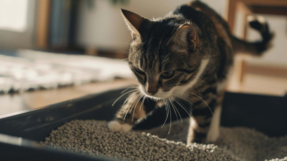 Cat exploring an open litter tray filled with plant-based eco cat litter pellets.