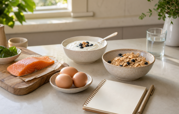 Natural light flat lay of B12-rich foods and a simple checklist for energy decisions article image