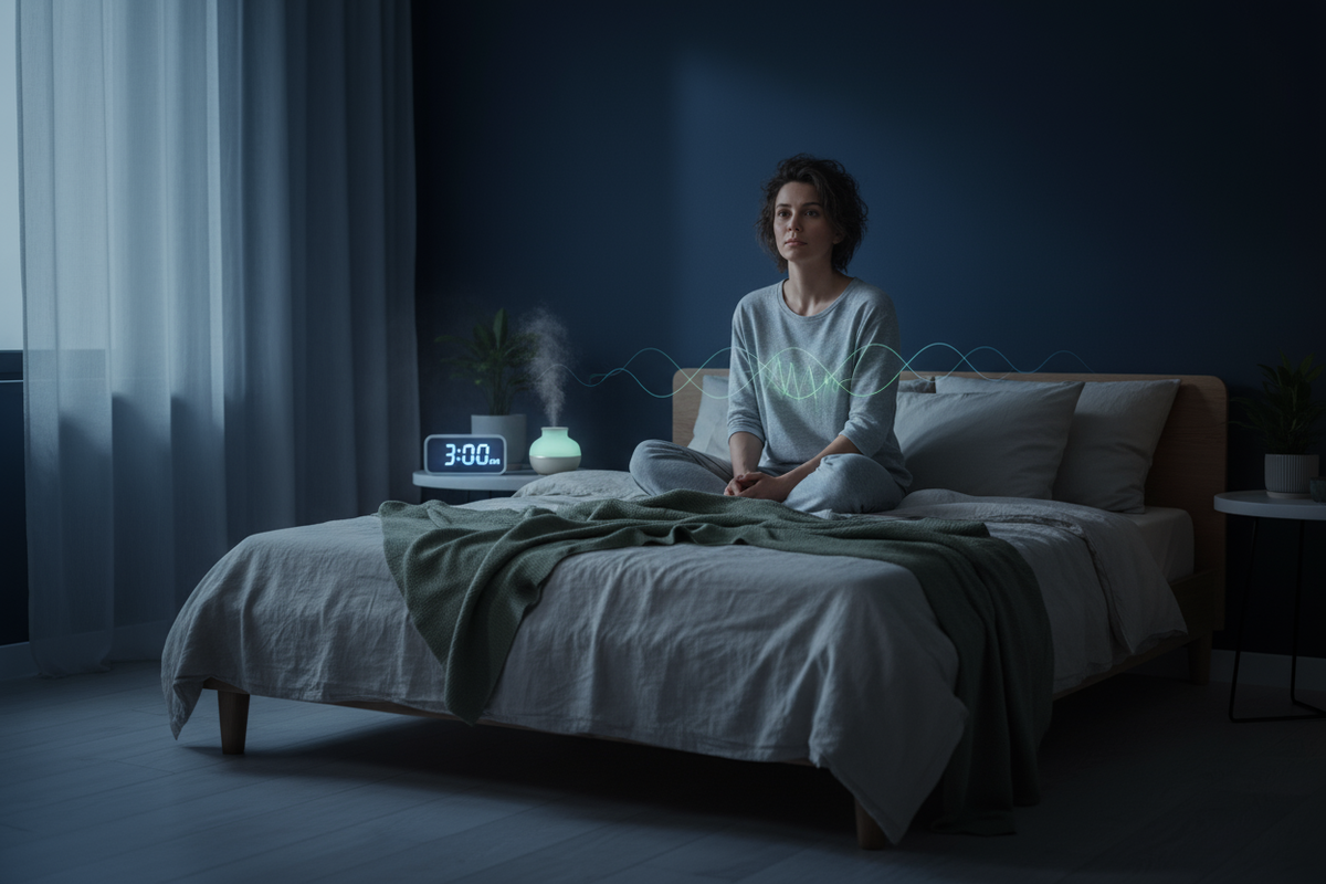 A person sitting awake in bed at 3AM in a dim, calm bedroom, with soft moonlight and a visible bedside clock showing 3:00, illustrating the experience of sudden early-morning waking.