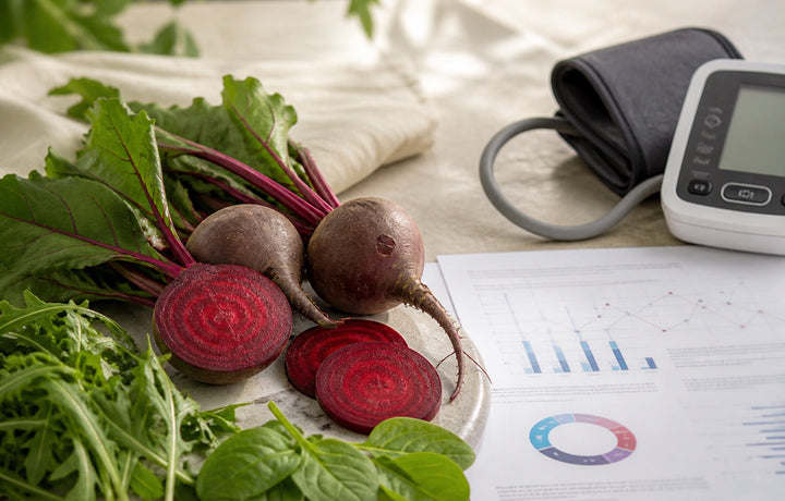 Fresh beetroot and leafy greens beside a research paper and blood-pressure monitor article image