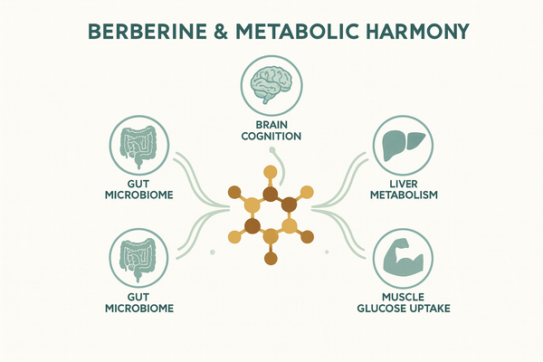 Infographic showing how berberine supports metabolic health through the gut microbiome, liver metabolism, muscle glucose uptake and brain appetite pathways. article image